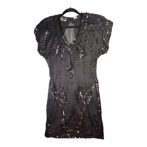 Vintage Pantagis Dress Womens Medium Black Silk Sequin Beaded Art Deco 80s Glam - Picture 1 of 14